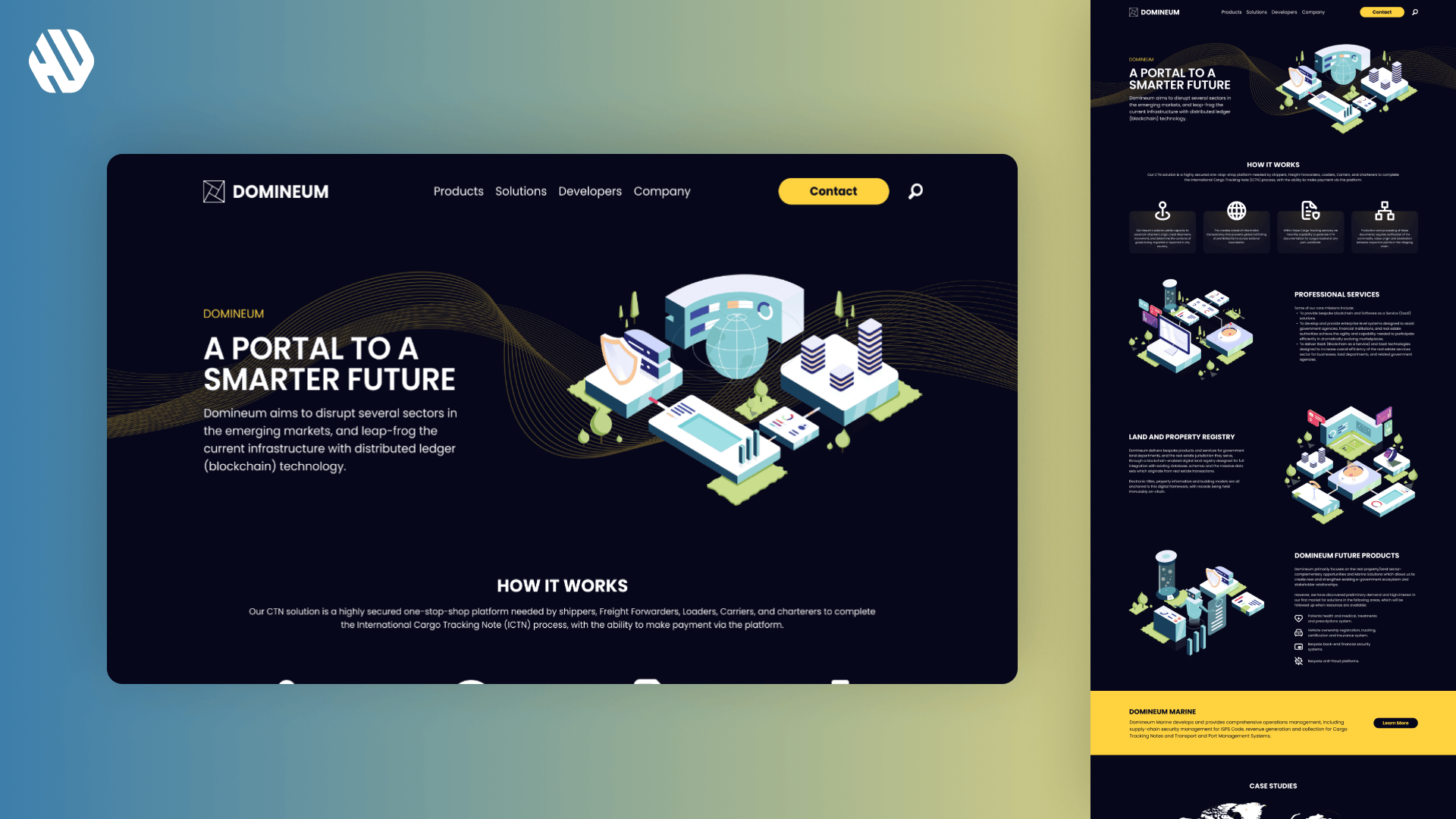 Screenshot of DOMINEUM's website featuring a dark mode design with sections detailing services and blockchain technology.